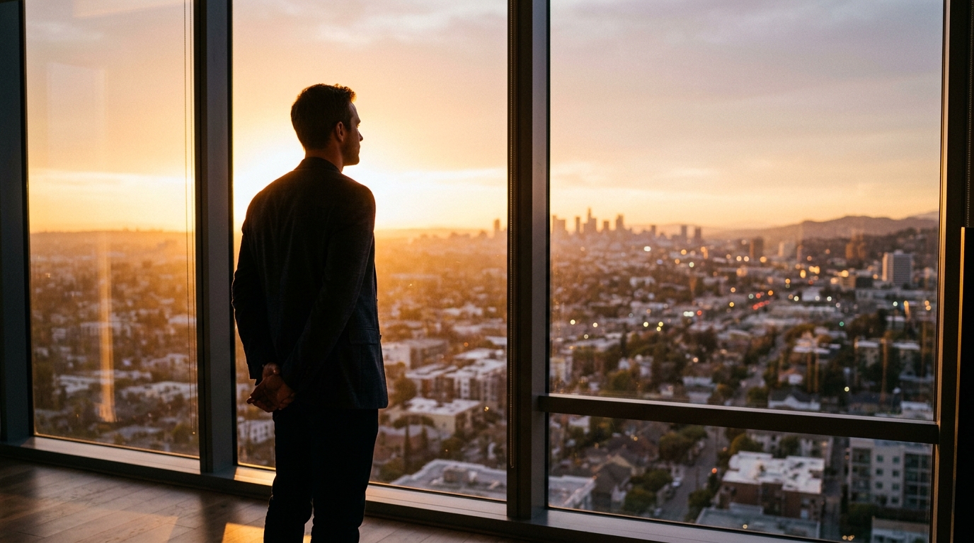 confident man silhouette window sunset contemplative