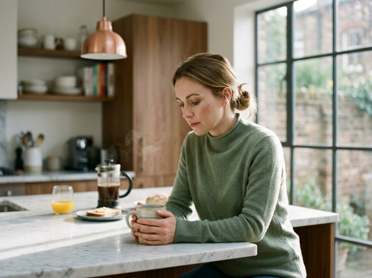 woman contemplating morning routine with coffee