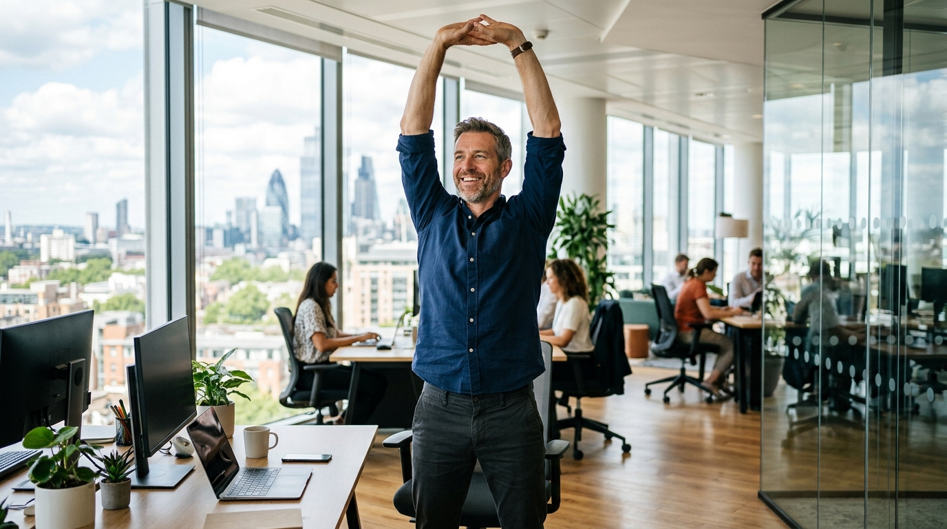 confident man stretching with energy in office