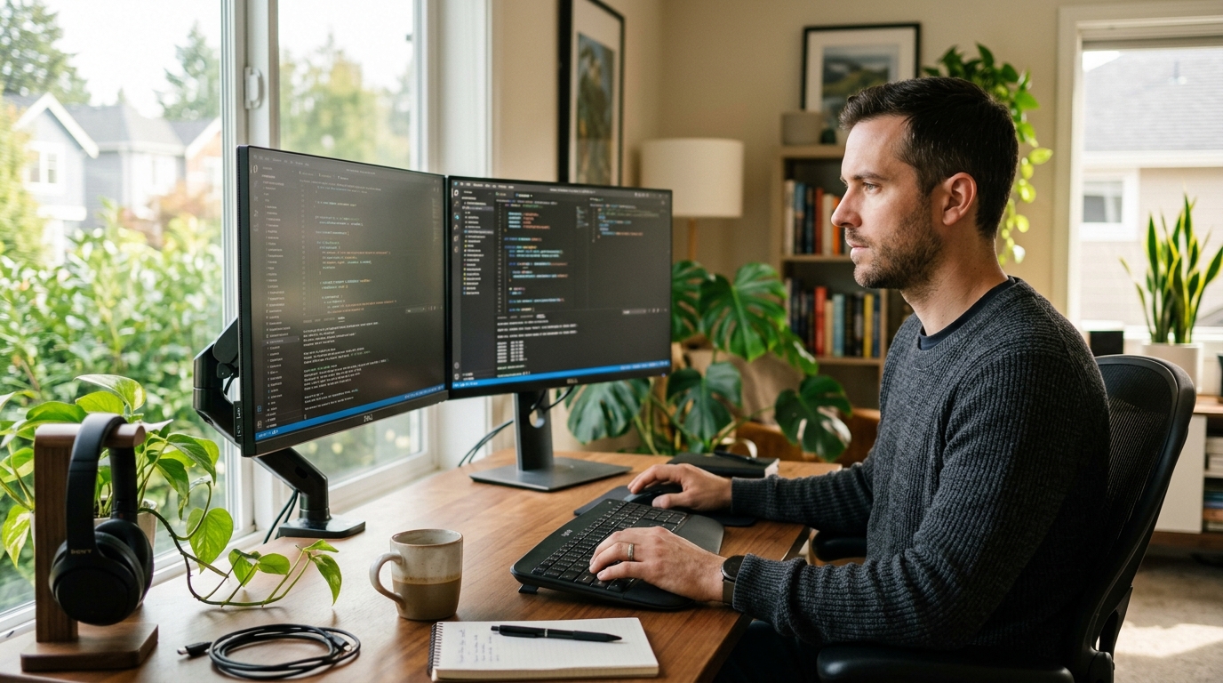 focused software engineer working at computer setup