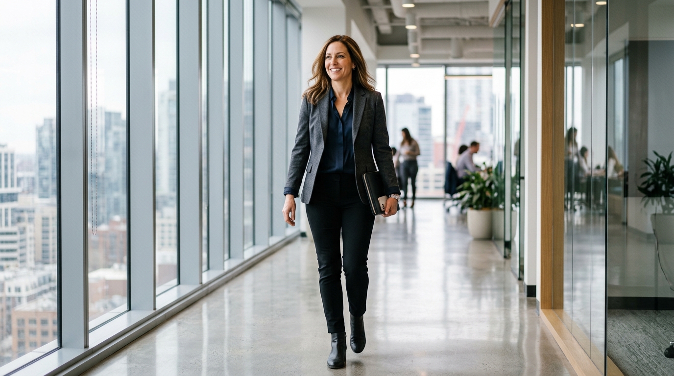 confident woman walking through office with energy