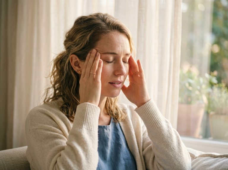 woman with overwhelmed expression morning light