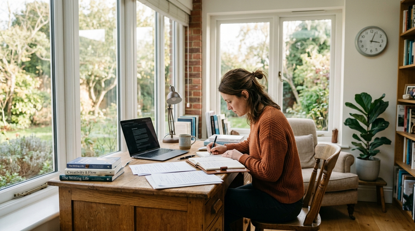 woman writing productively in afternoon without watching clock