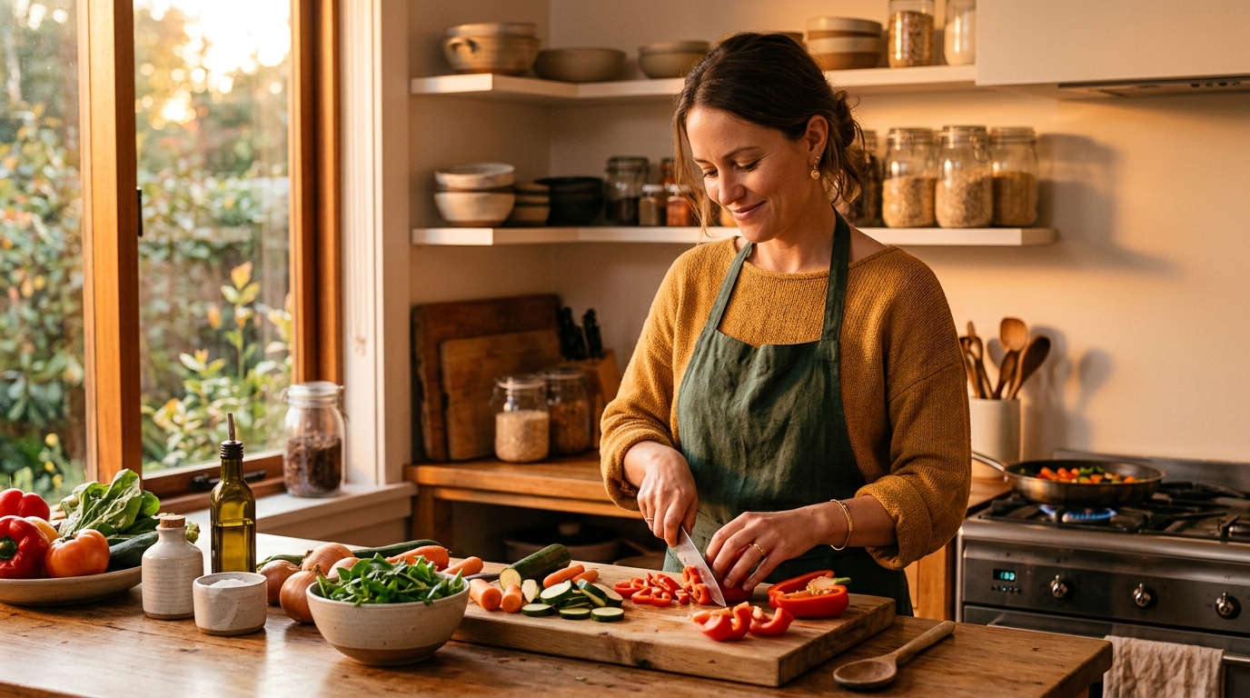 woman cooking mindfully in warm kitchen light
