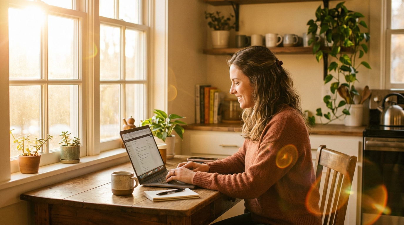 woman working productively in golden afternoon light