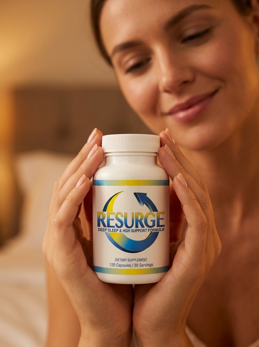 Resurge sleep support supplement bottle with woman