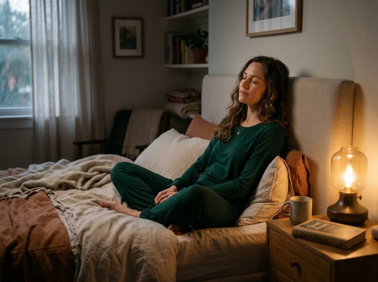 woman peacefully sitting in warm bedroom lighting