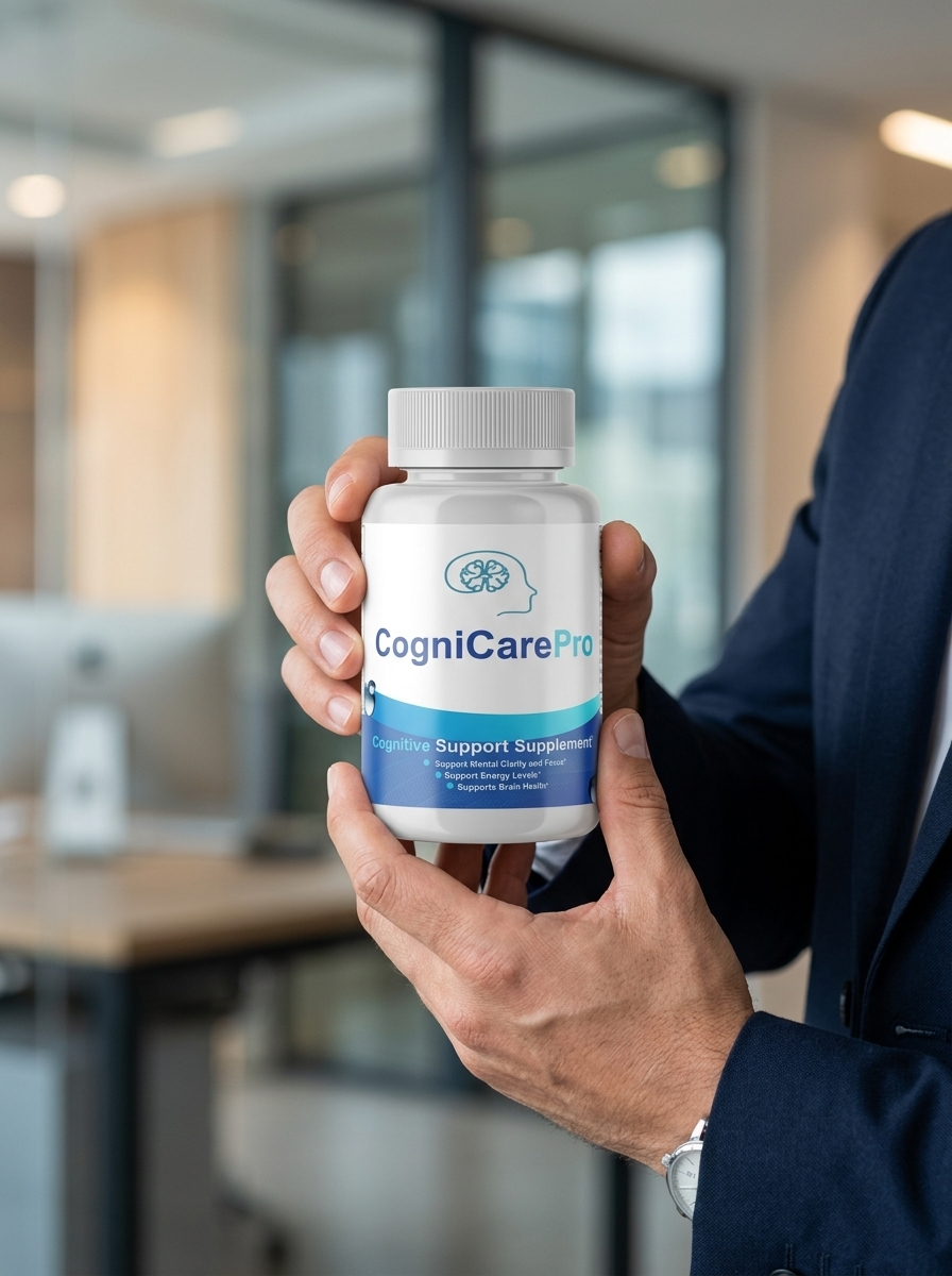 CogniCare Pro brain supplement bottle held confidently
