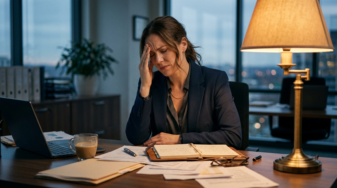 Professional woman showing signs of mental fatigue at work