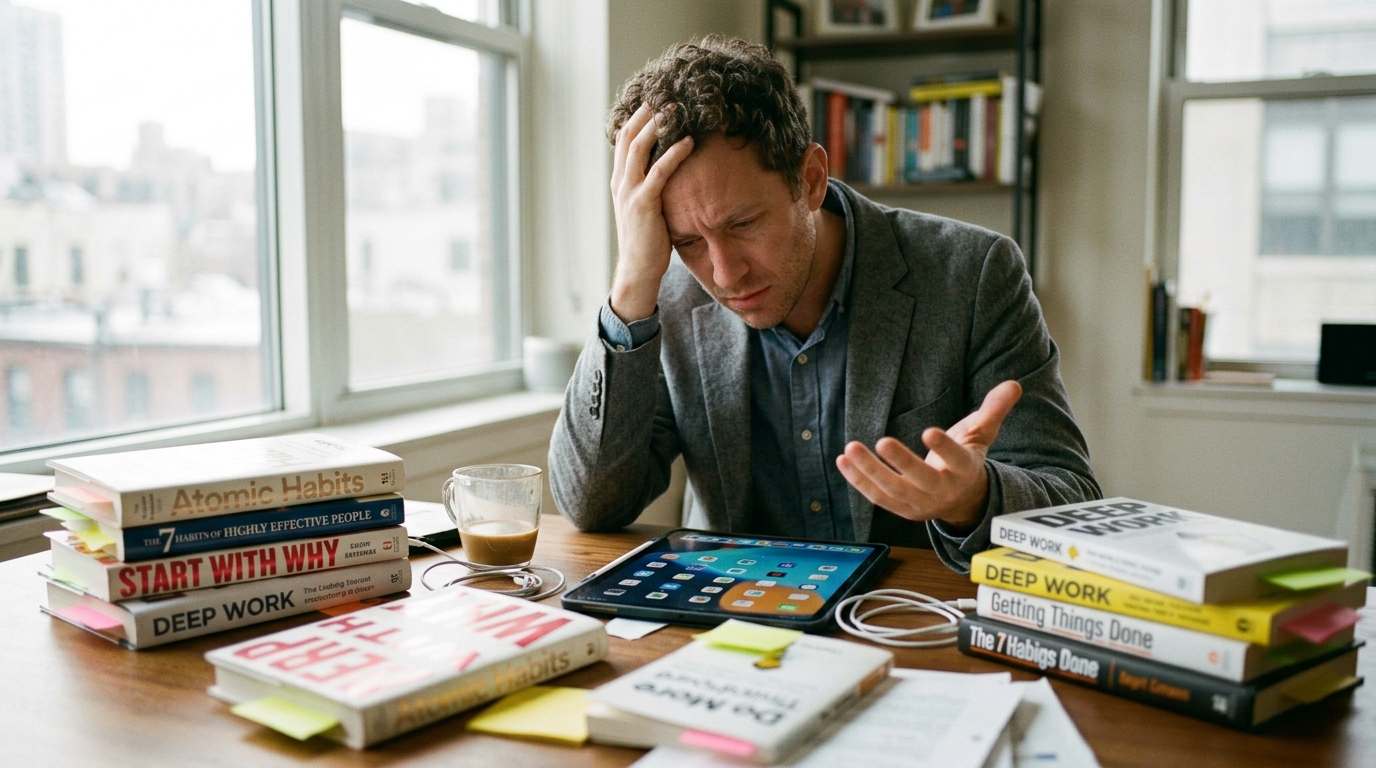 Man surrounded by productivity tools looking frustrated