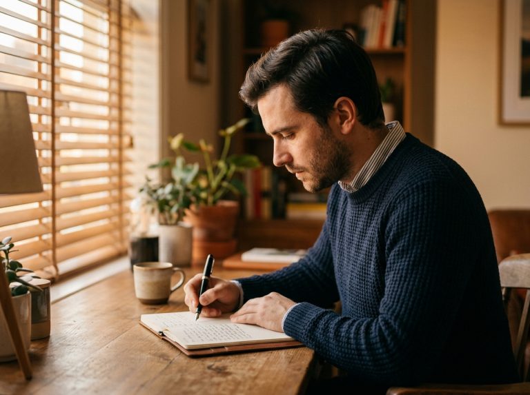man writing focused at wooden desk morning light