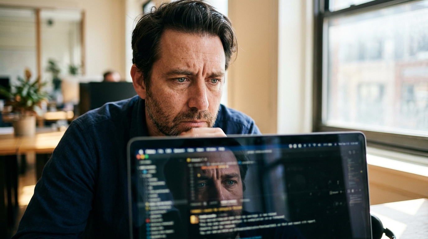 man eyes laptop screen reflection frustrated expression
