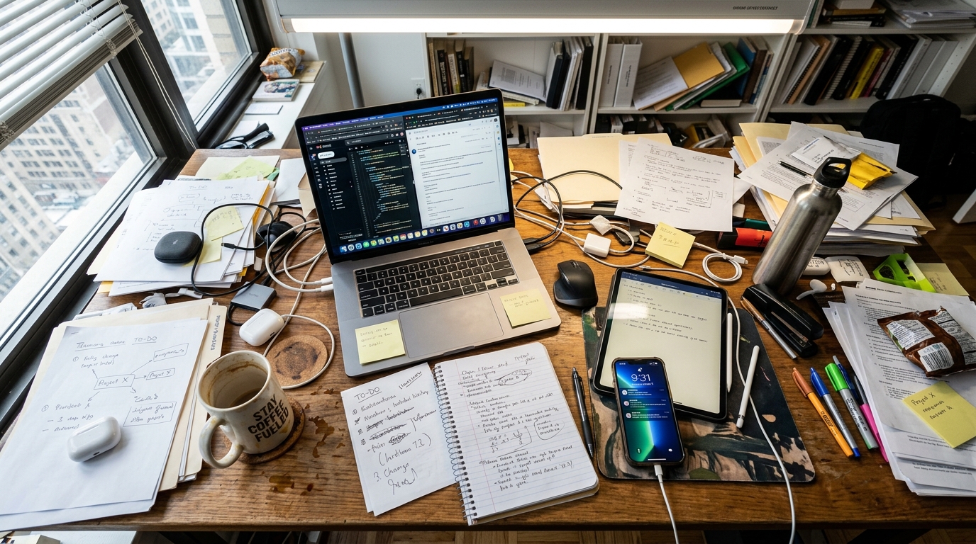 cluttered desk multiple devices scattered papers overhead view