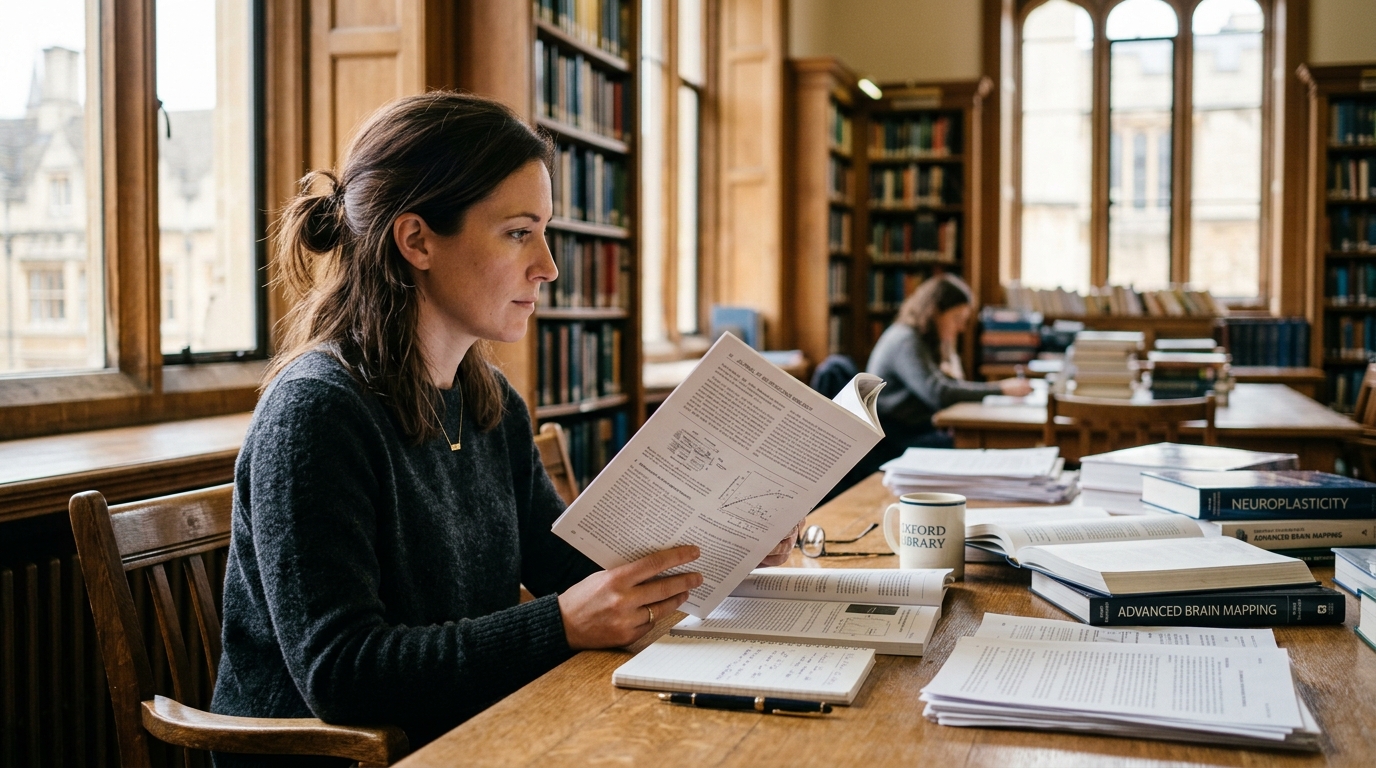 woman reading scientific journal library warm lighting