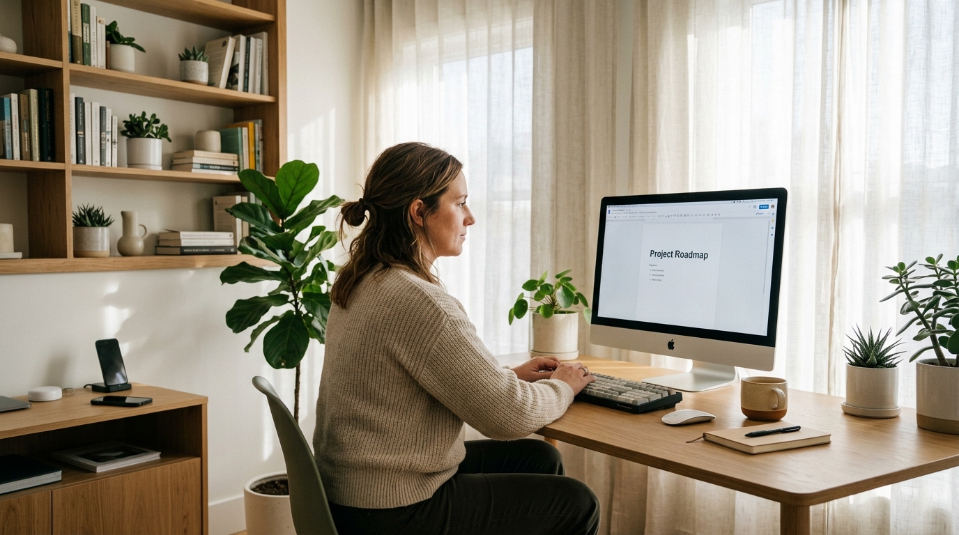 woman organized home office morning light single task