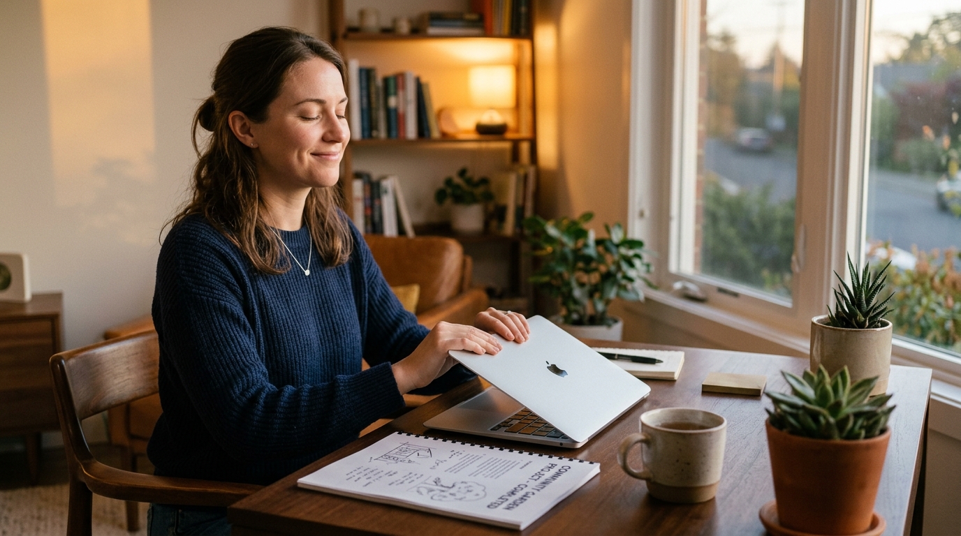 woman closing laptop satisfied evening light peaceful
