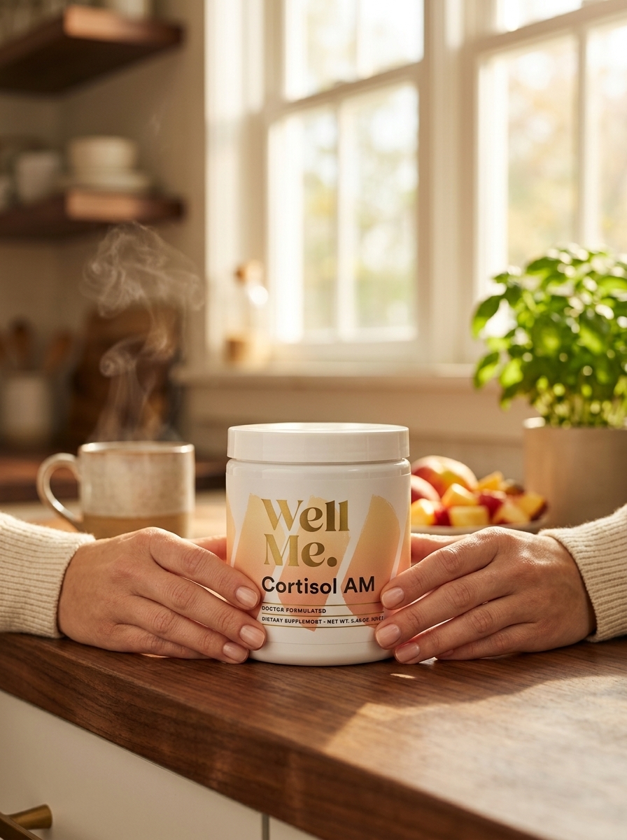 Cortisol AM supplement bottle morning kitchen setting