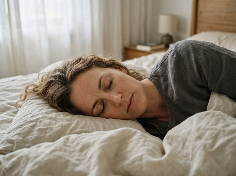 Woman lying in bed morning light peaceful expression