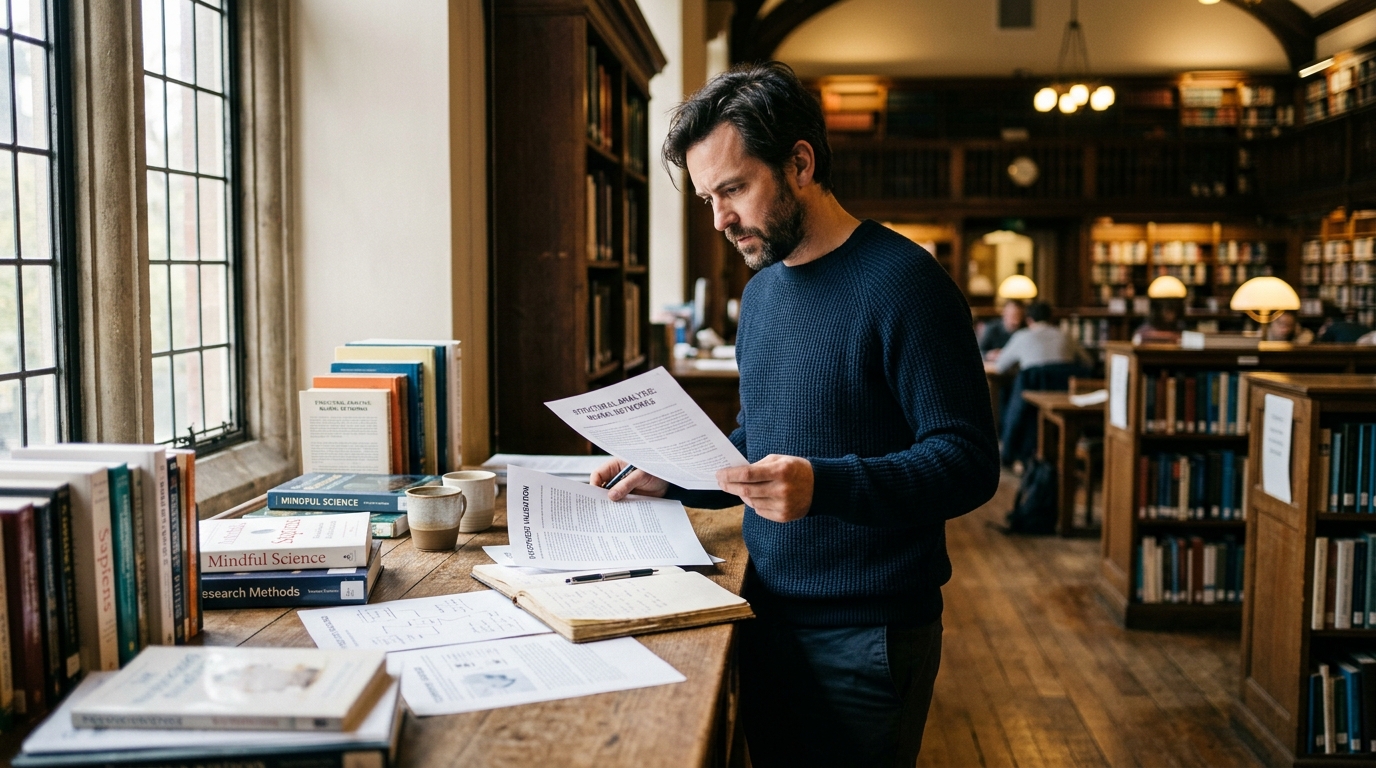man reading research papers standing desk
