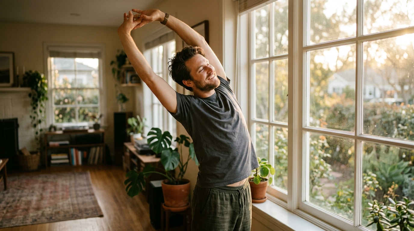 man stretching window morning light energy