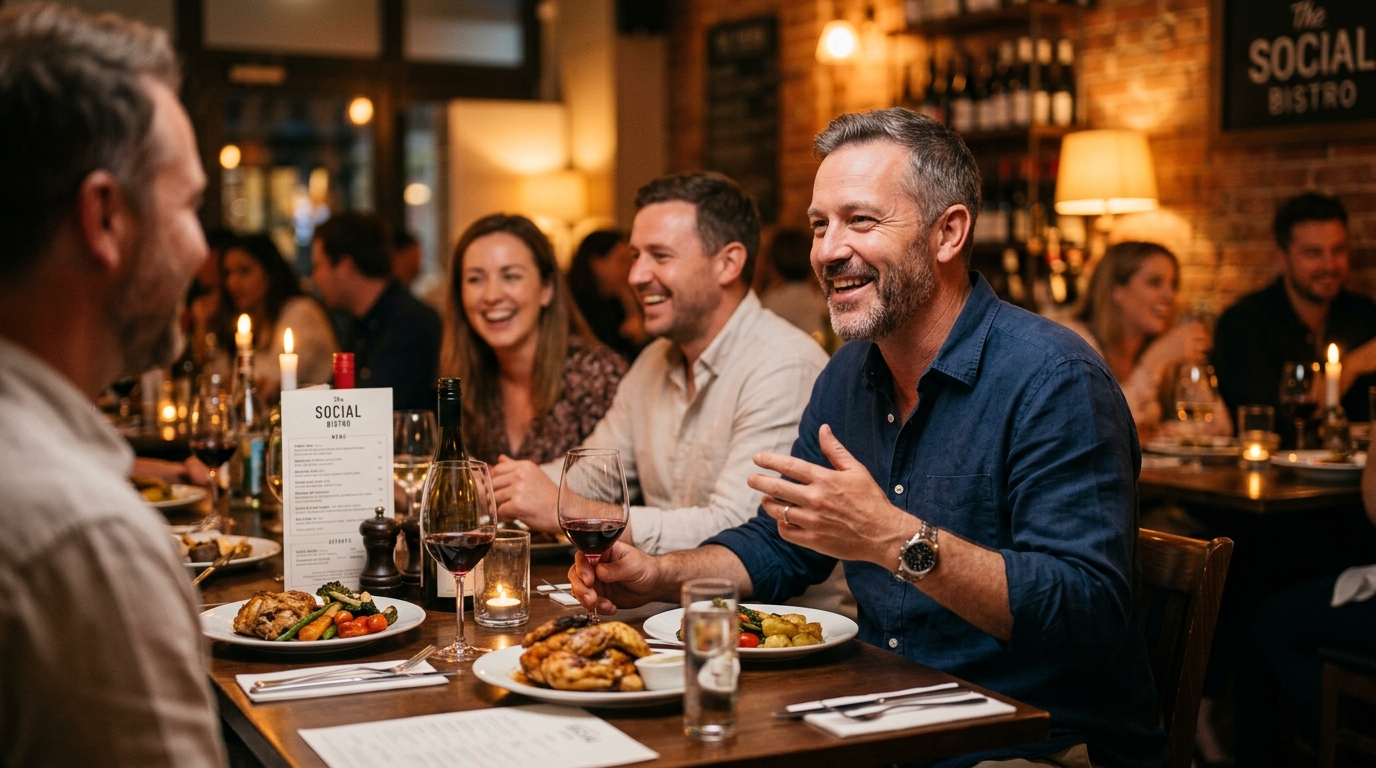 man dinner conversation warm engagement social