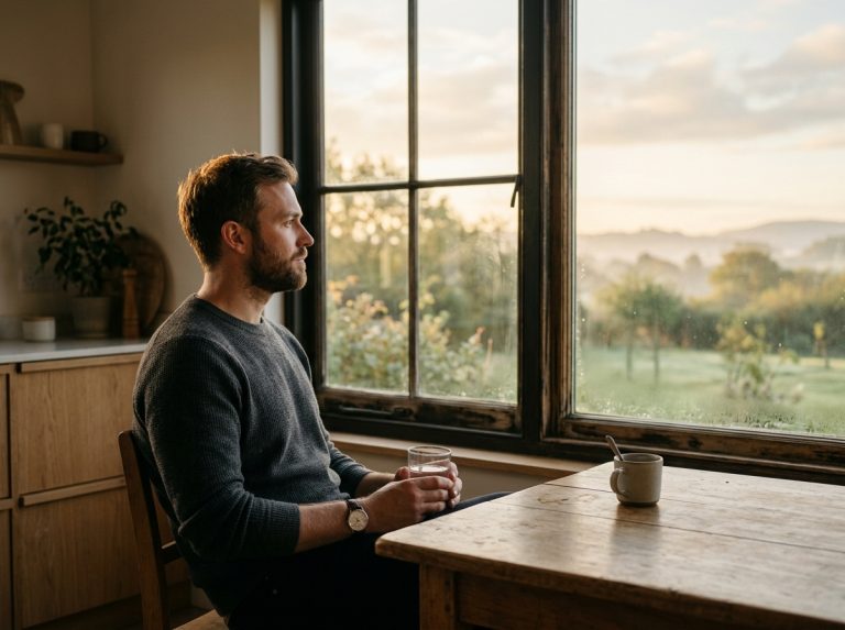 man contemplating simple morning routine at kitchen table