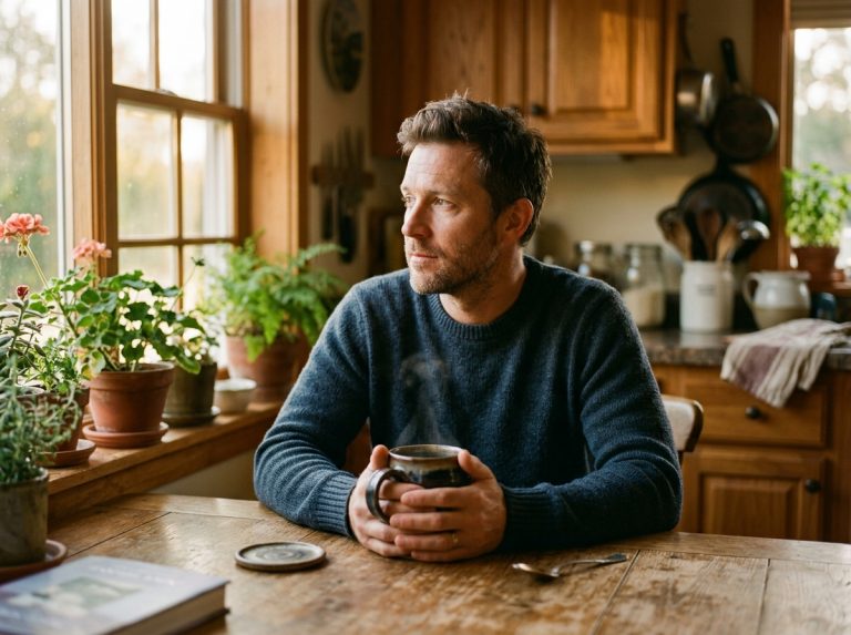 man contemplating with coffee at kitchen table