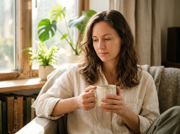 woman holding mug peaceful morning light