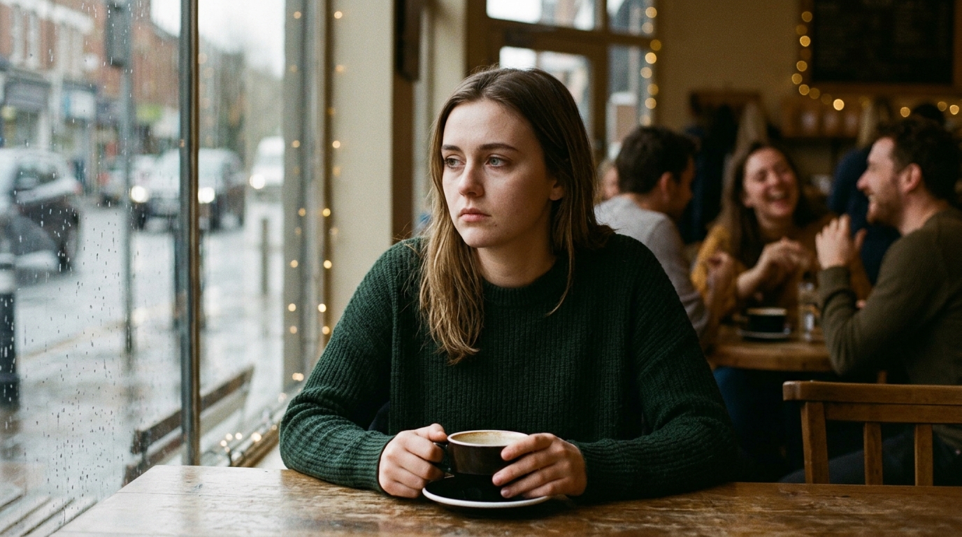 woman cafe window distant expression isolation