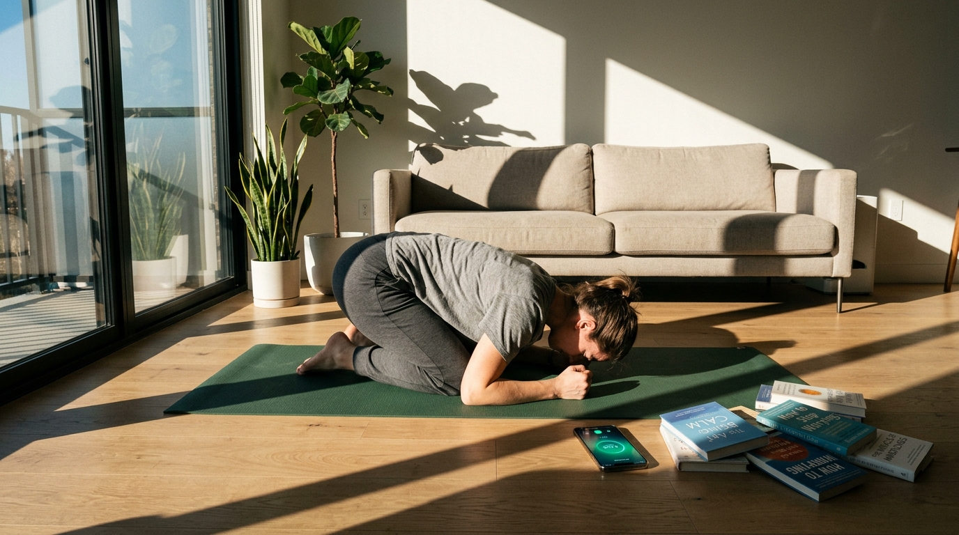woman yoga mat books scattered healing attempts