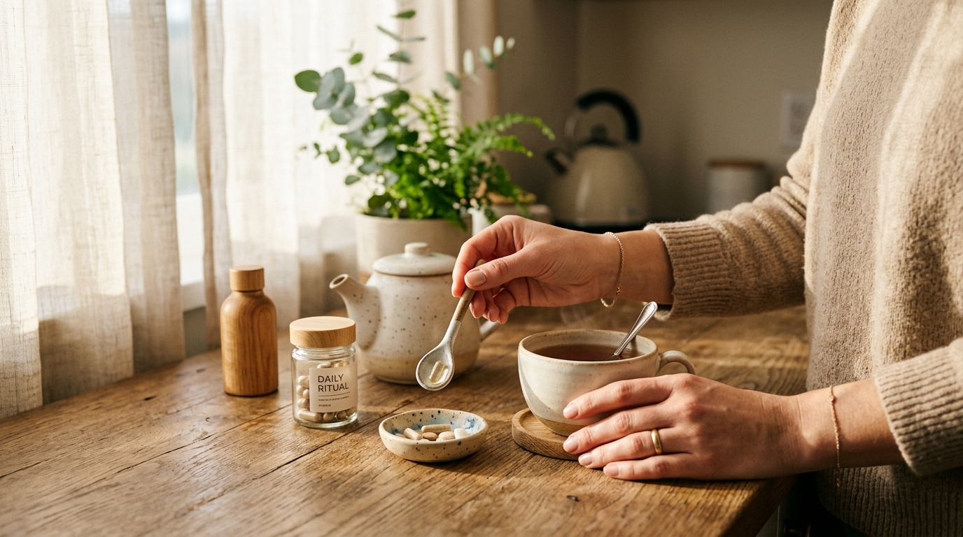 hands preparing morning supplements kitchen light ritual