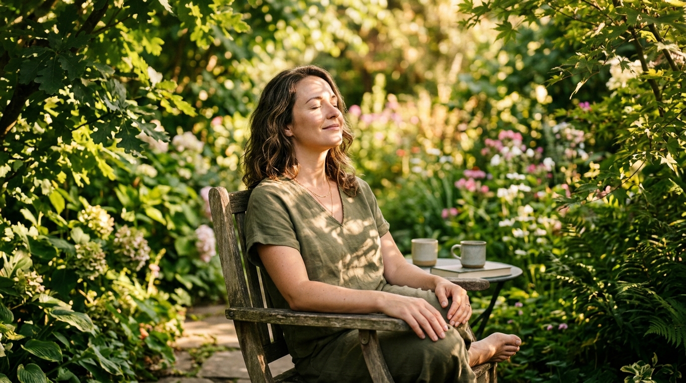 woman peaceful garden sunlight calm meditation