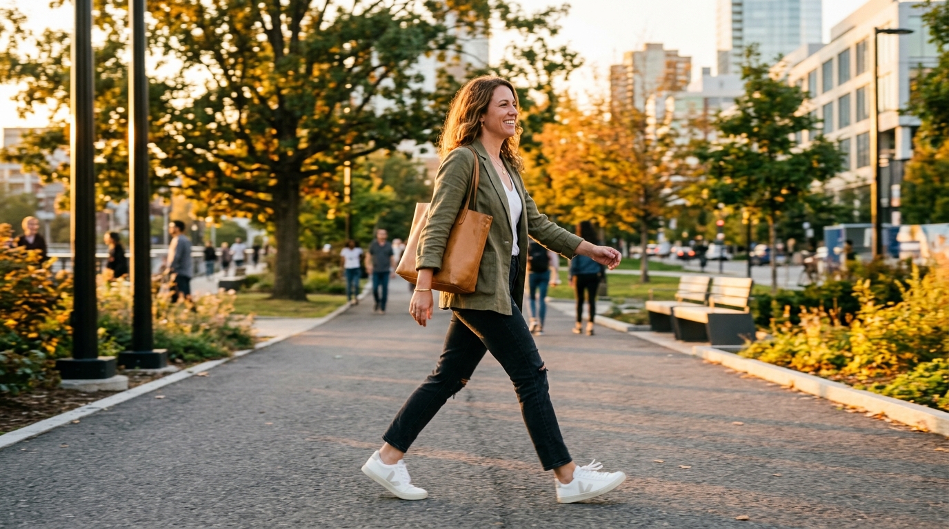 woman walking park confident energy balanced movement