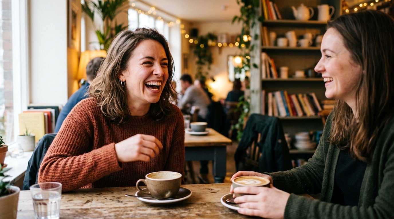 woman laughing friend coffee genuine joy connection