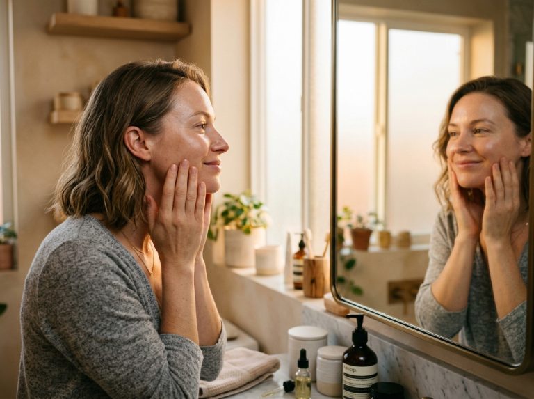 woman looking in mirror with glowing skin