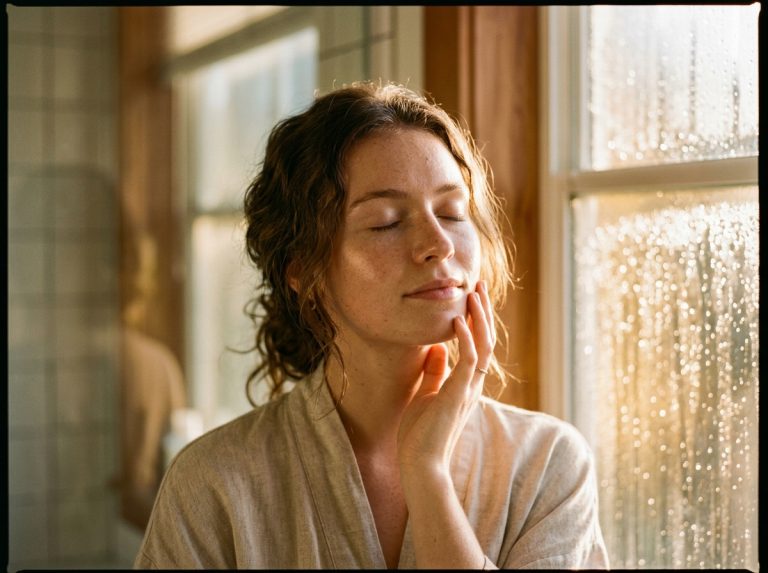 woman discovering radiant skin in morning light
