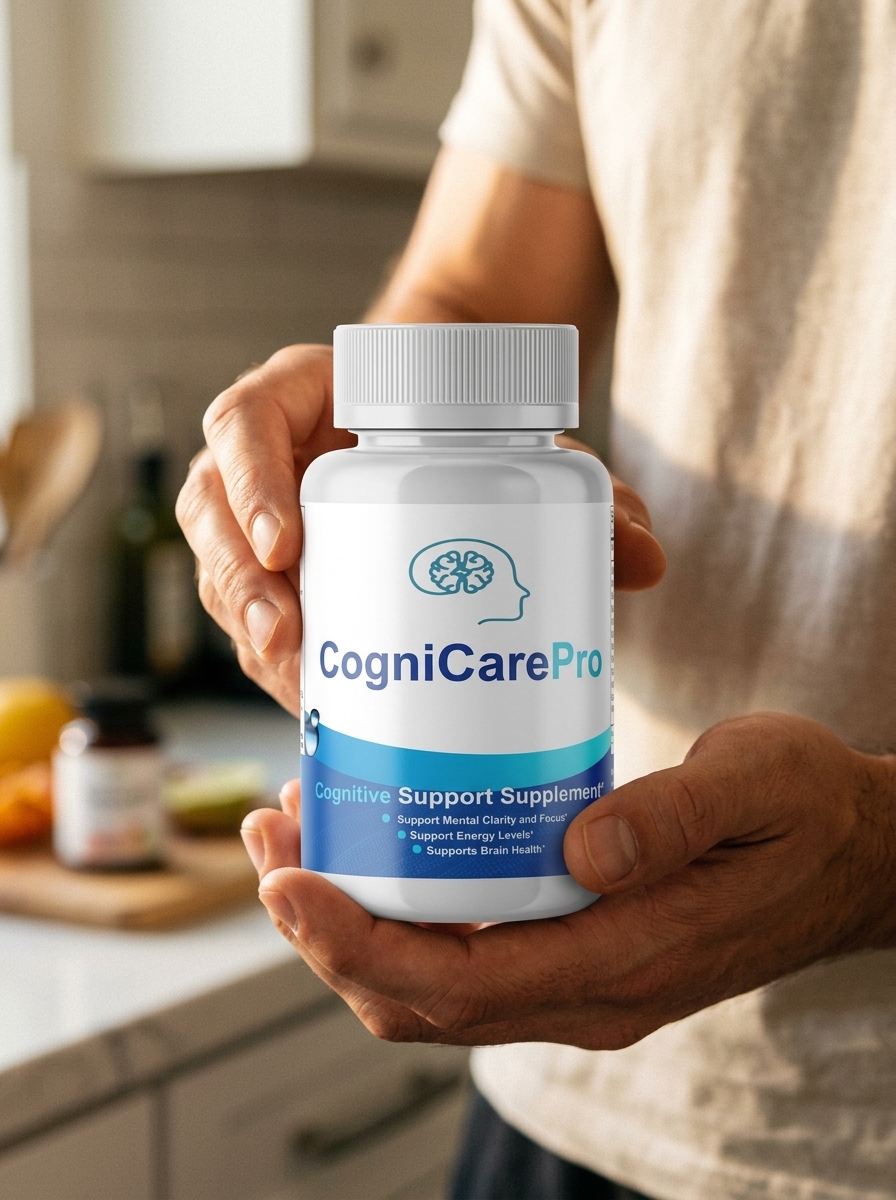 CogniCare Pro brain supplement bottle held naturally