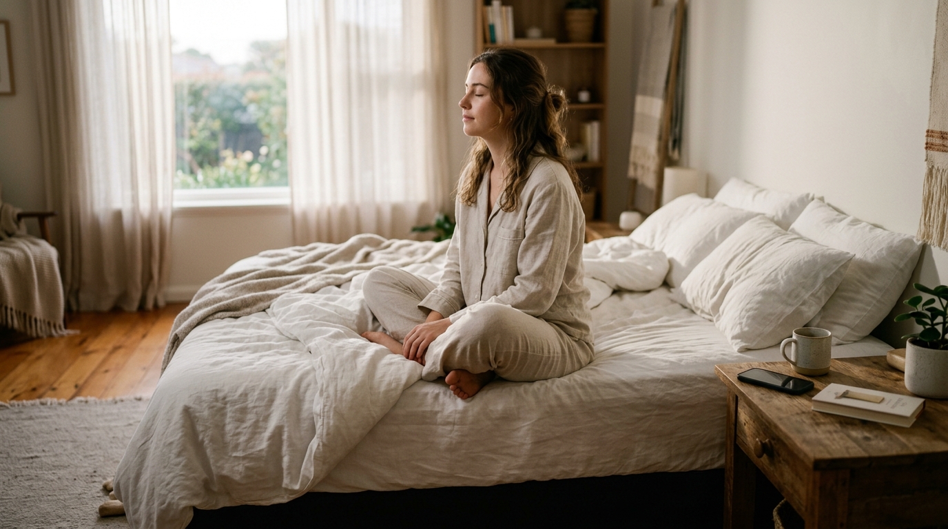 woman taking intentional morning pause