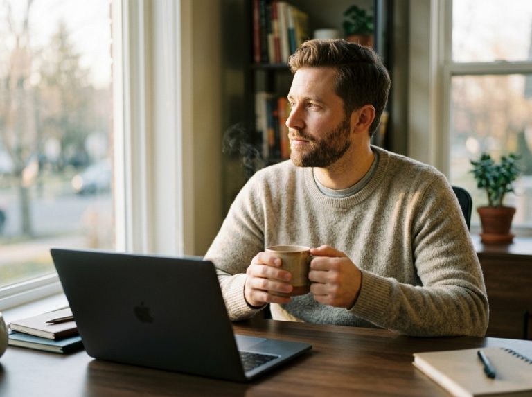 Man with coffee looking toward morning light