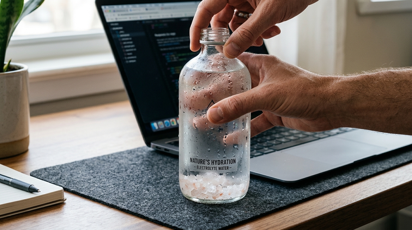 Hand reaching for water bottle at desk