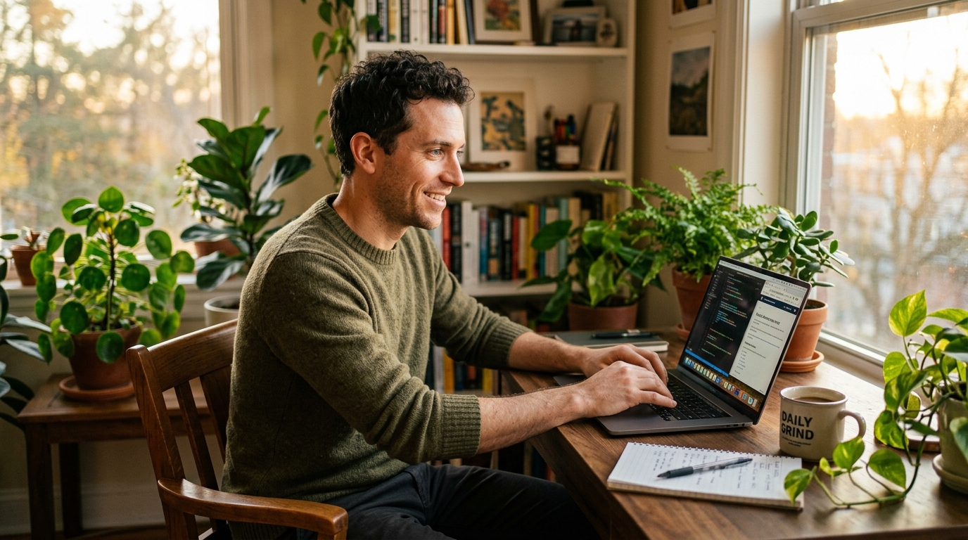 Man working comfortably at laptop afternoon