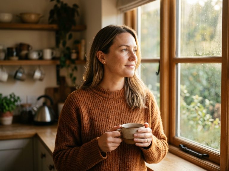 Woman in morning light showing natural radiant skin