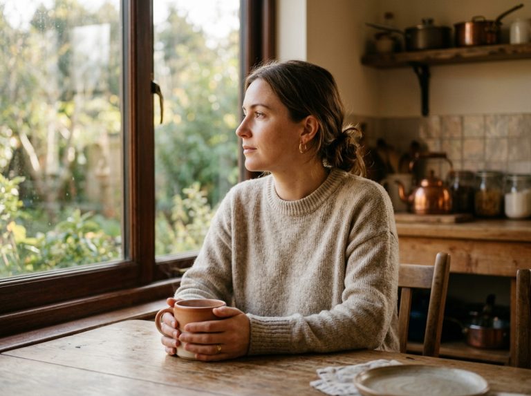 woman contemplating peacefully at kitchen table morning