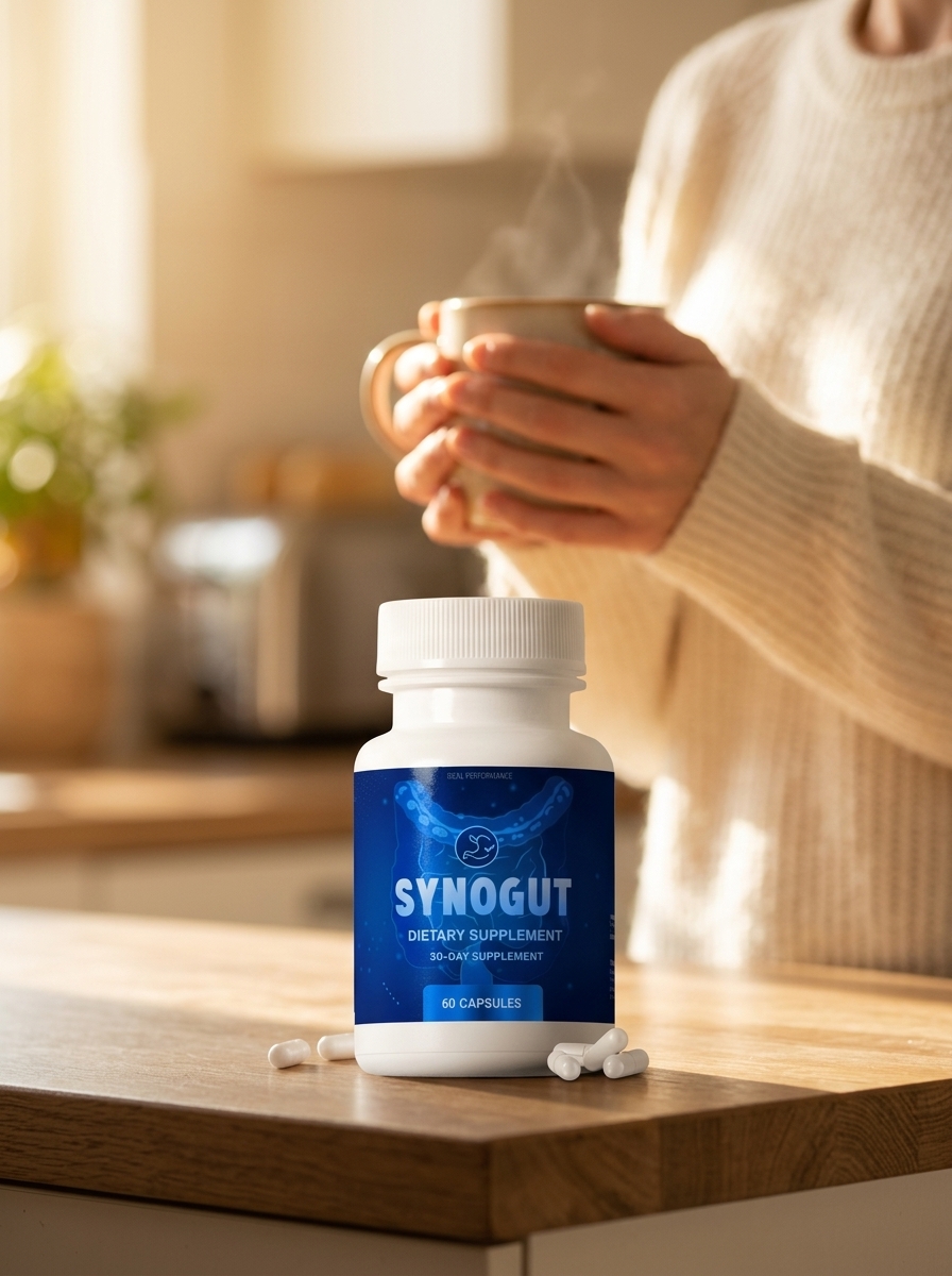 SynoGut supplement bottle with morning routine