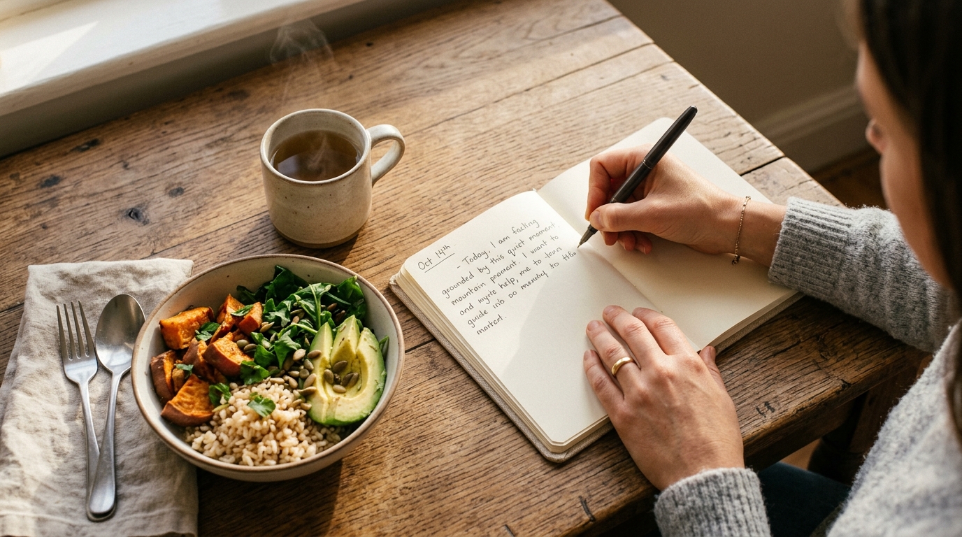 hands writing in journal beside healthy meal