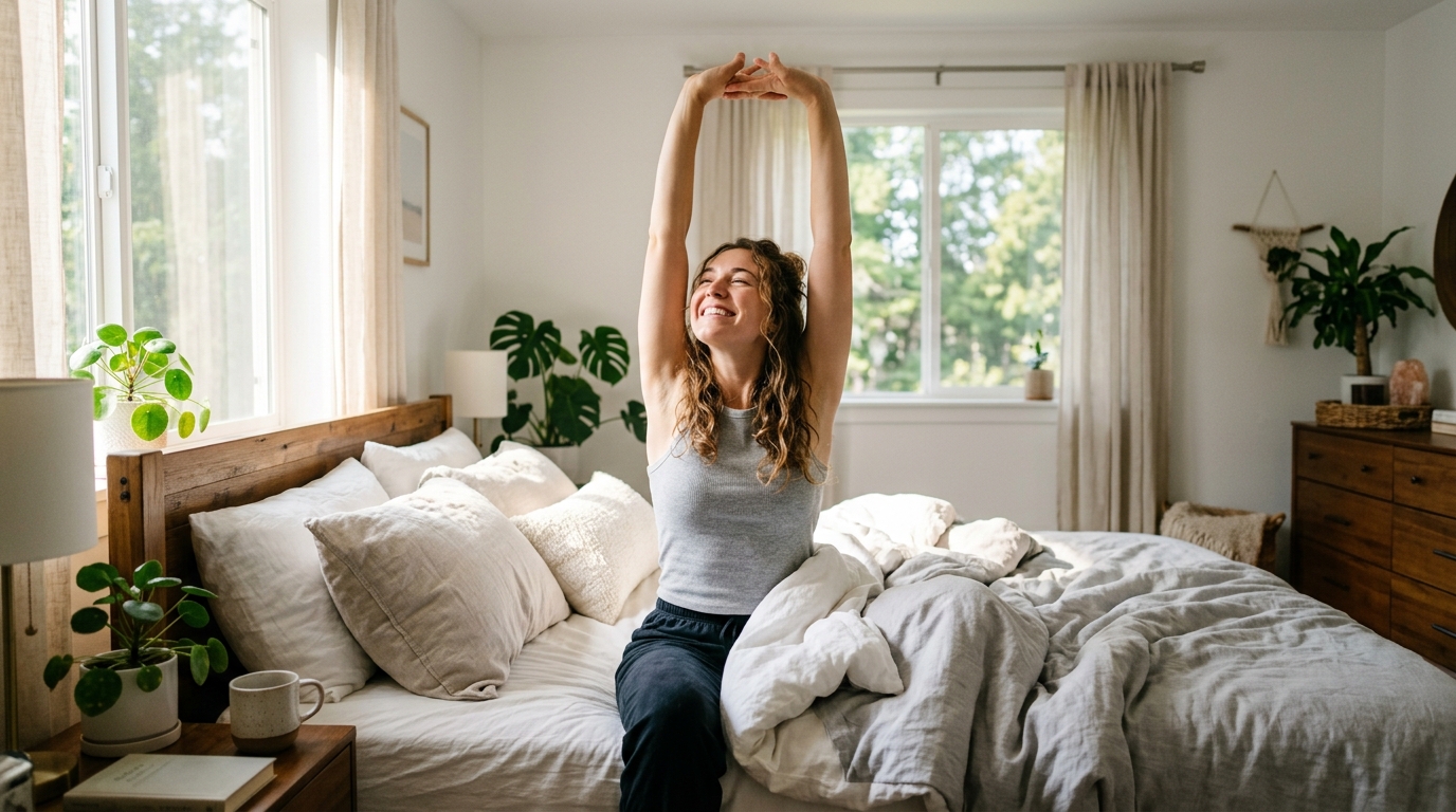 woman stretching peacefully in bright morning light