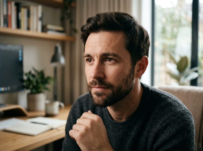 man concentrating with thoughtful focused expression