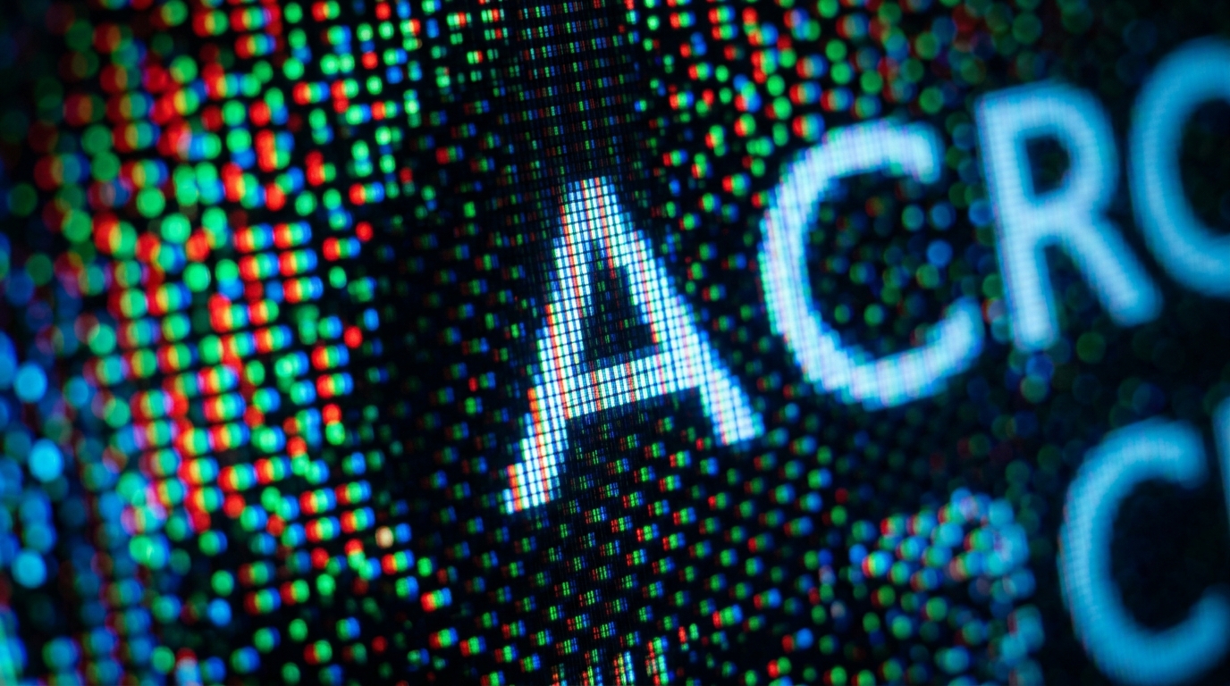 close up computer screen pixels creating digital text