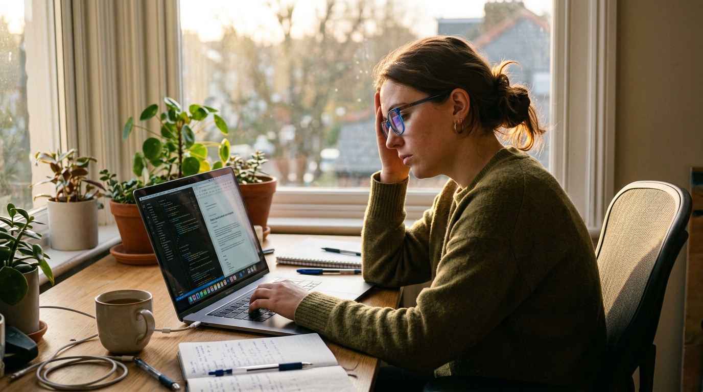 woman wearing blue light glasses looking tired laptop