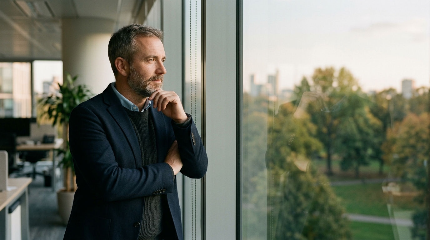 man looking out window focusing on distant trees